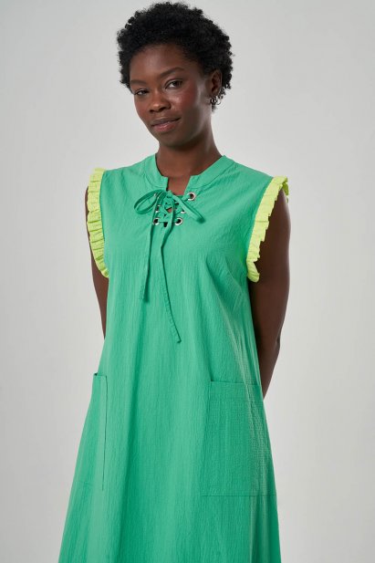 Mizalle Yeşil Sarı Renk Bloklu Kolsuz Yazlık Elbise - Mizalle