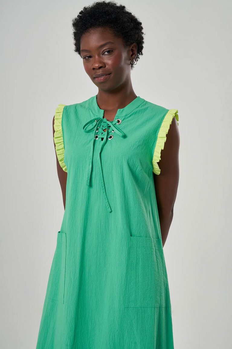 Mizalle Yeşil Sarı Renk Bloklu Kolsuz Yazlık Elbise - Mizalle