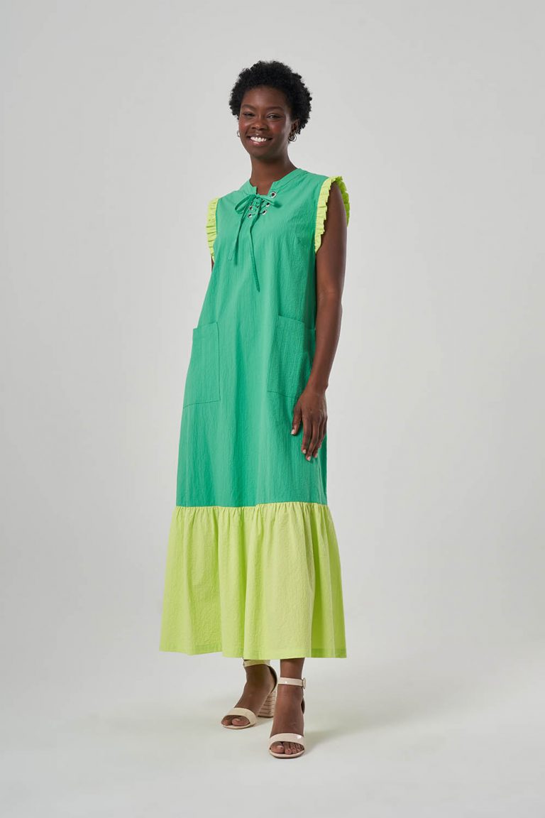 Mizalle Yeşil Sarı Renk Bloklu Kolsuz Yazlık Elbise - Mizalle