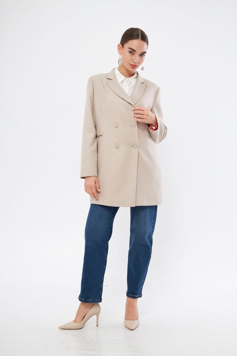 Mizalle Renkli Astarlı Bej Rengi Blazer Ceket - Mizalle