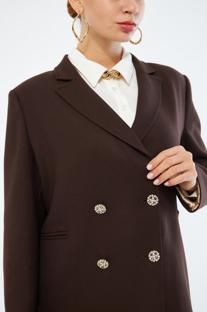 Mizalle Renkli Astarlı Kahverengi Blazer Ceket - Mizalle