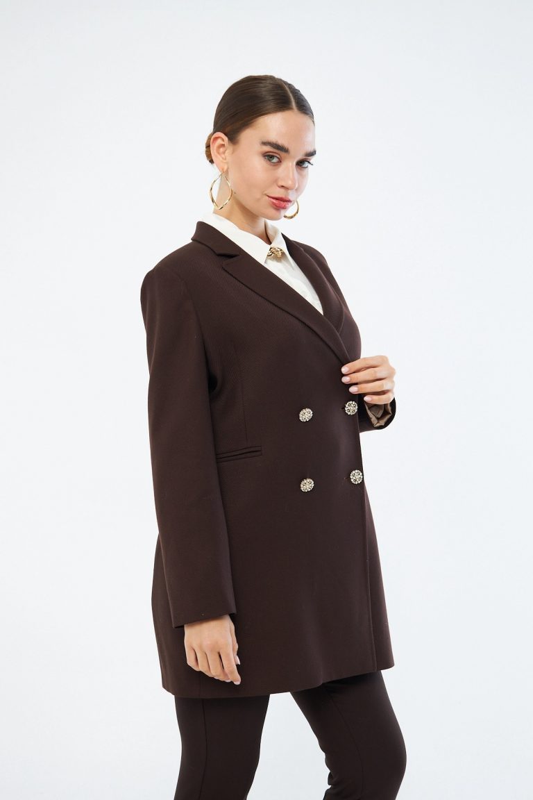 Mizalle Renkli Astarlı Kahverengi Blazer Ceket - Mizalle