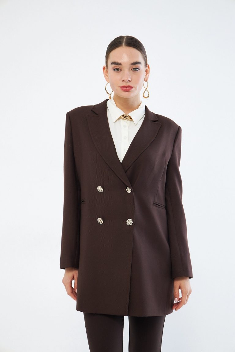 Mizalle Renkli Astarlı Kahverengi Blazer Ceket - Mizalle
