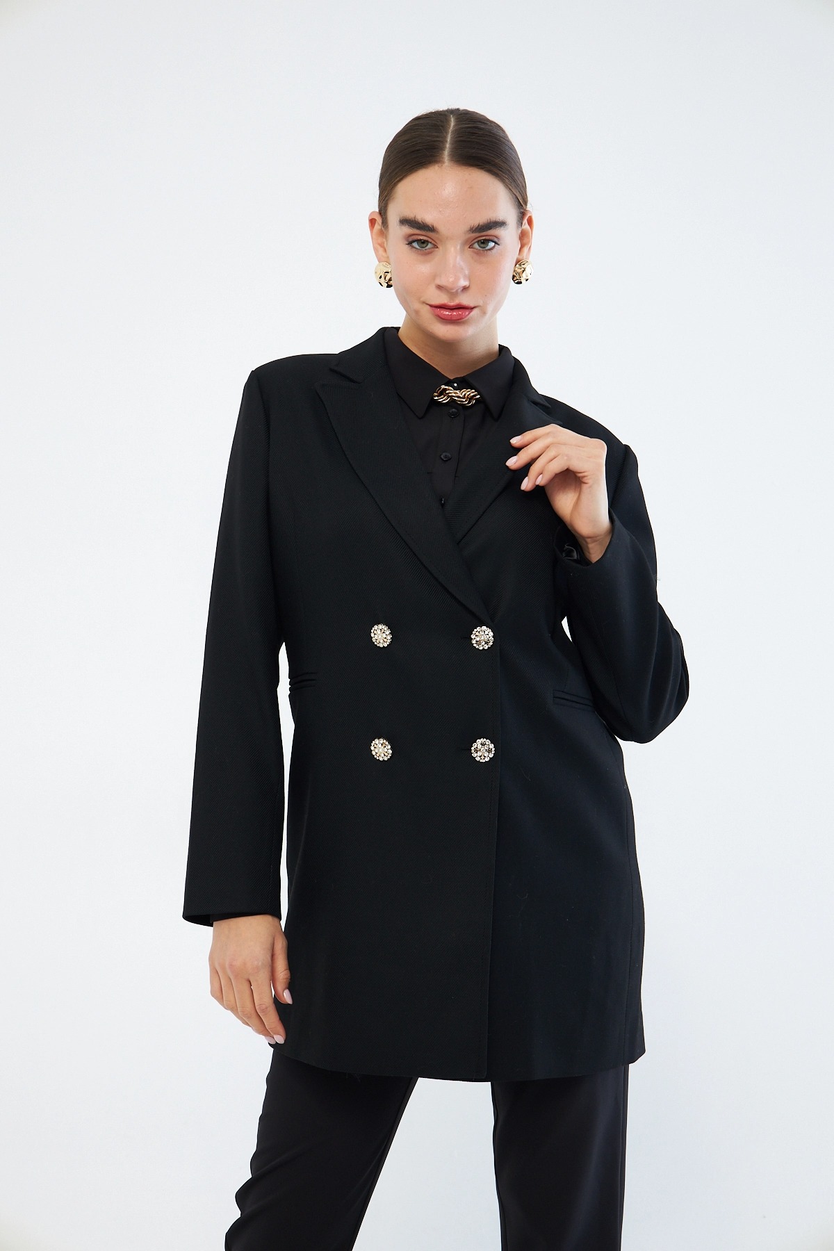 Mizalle Renkli Astarlı Siyah Blazer Ceket