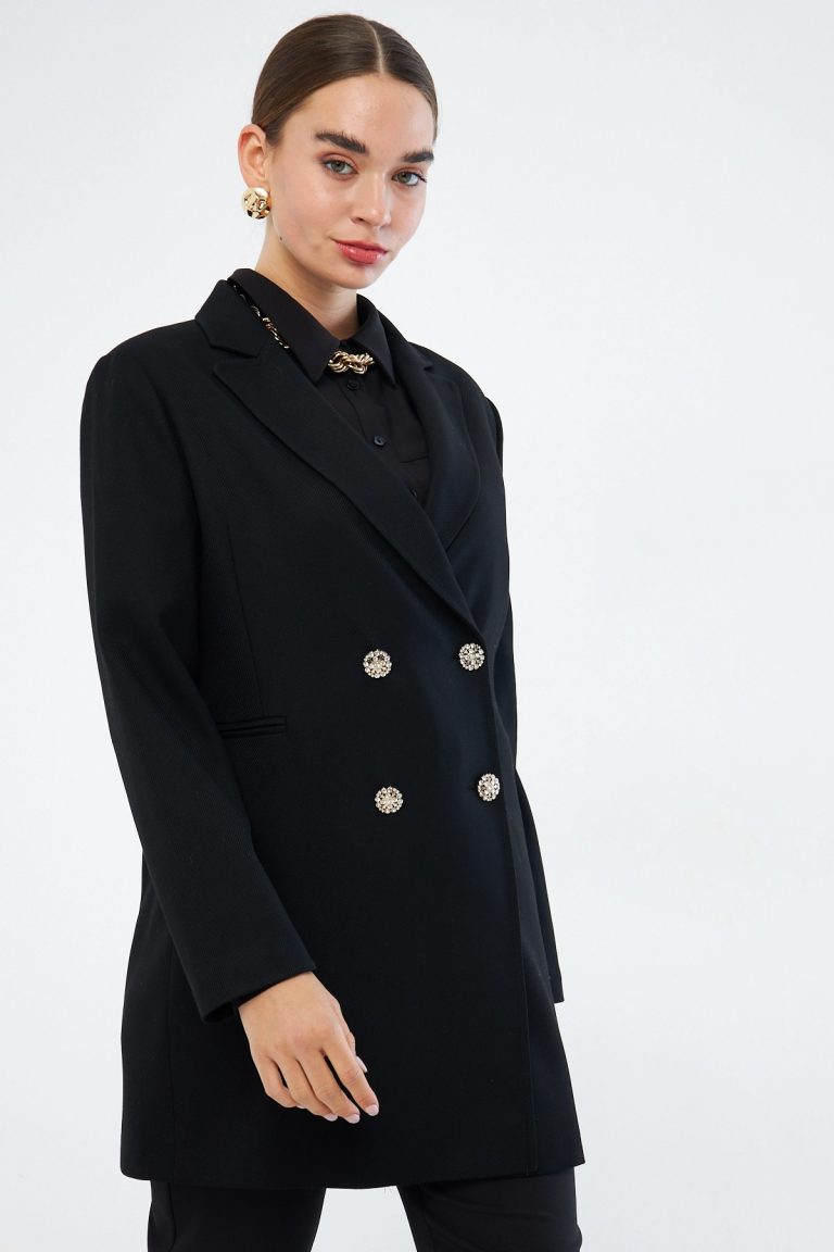 Mizalle Renkli Astarlı Siyah Blazer Ceket - Mizalle