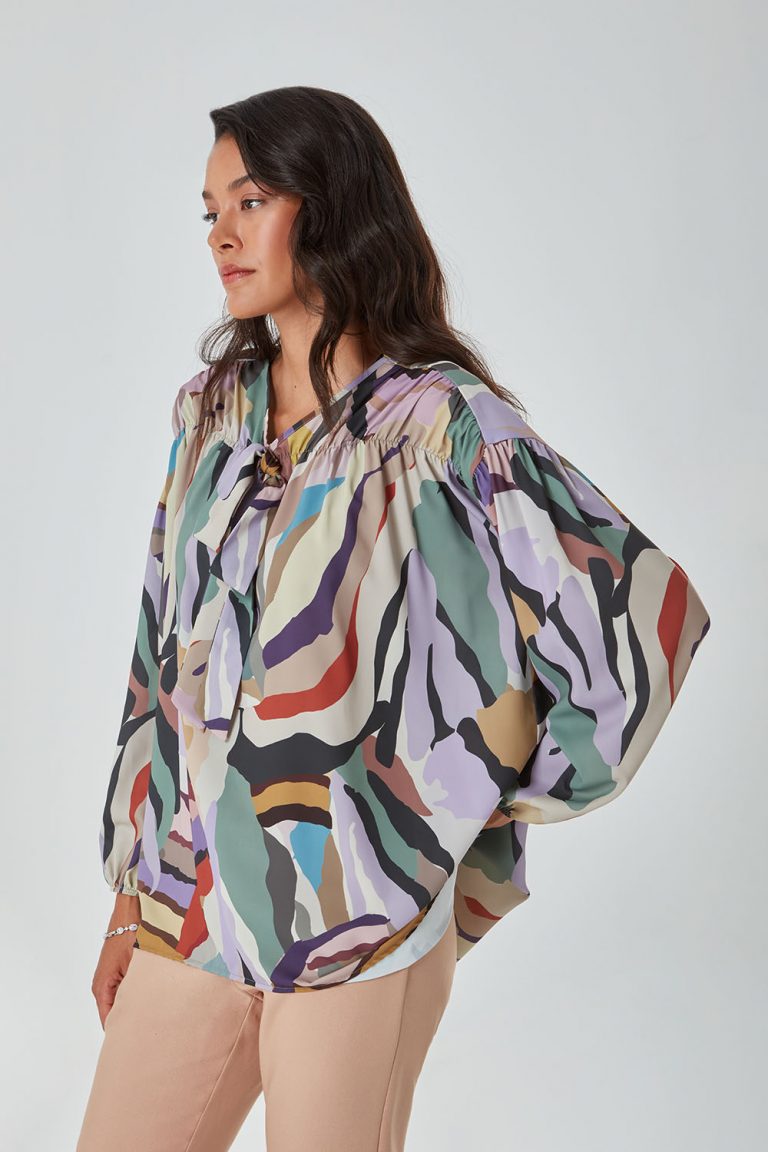 Mizalle Çok Renkli Yakası Fularlı Zebra Tunik - Mizalle