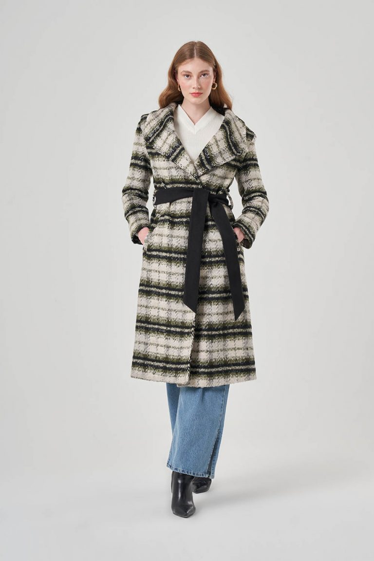 Mizalle Kaşe Dokulu Haki Ekoseli Şal Yaka Kaban - Mizalle