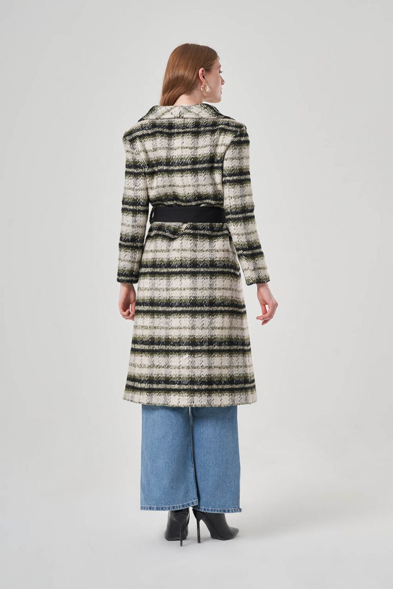 Mizalle Kaşe Dokulu Haki Ekoseli Şal Yaka Kaban - Mizalle