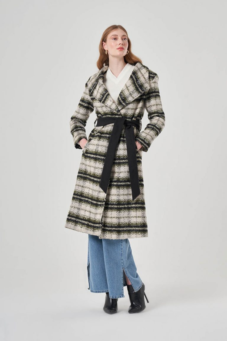 Mizalle Kaşe Dokulu Haki Ekoseli Şal Yaka Kaban - Mizalle