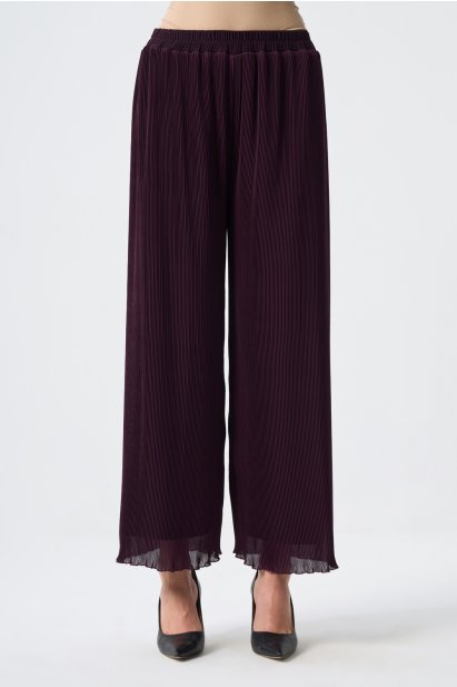 Mizalle İnce Piliseli Mürdüm Rengi Şifon Şık Pantolon - Mizalle