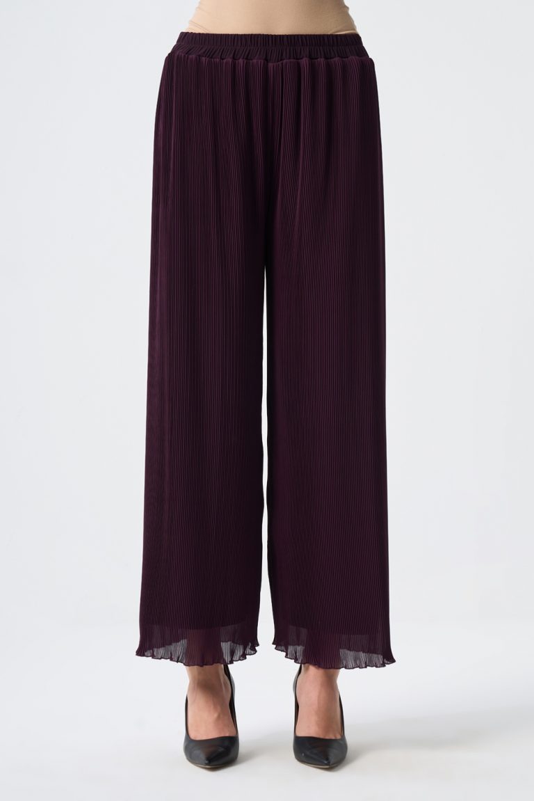 Mizalle İnce Piliseli Mürdüm Rengi Şifon Şık Pantolon - Mizalle