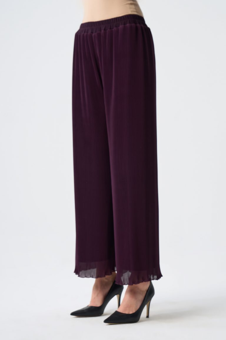 Mizalle İnce Piliseli Mürdüm Rengi Şifon Şık Pantolon - Mizalle