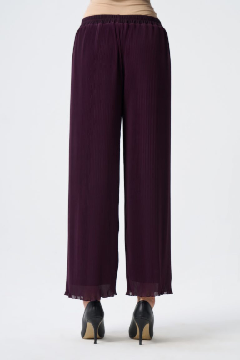 Mizalle İnce Piliseli Mürdüm Rengi Şifon Şık Pantolon - Mizalle