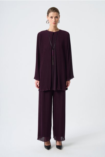 Mizalle Şifon İnce Piliseli Mürdüm Tunik - Mizalle