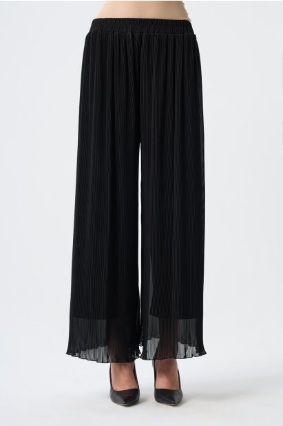Mizalle İnce Piliseli Siyah Şifon Şık Pantolon - Mizalle