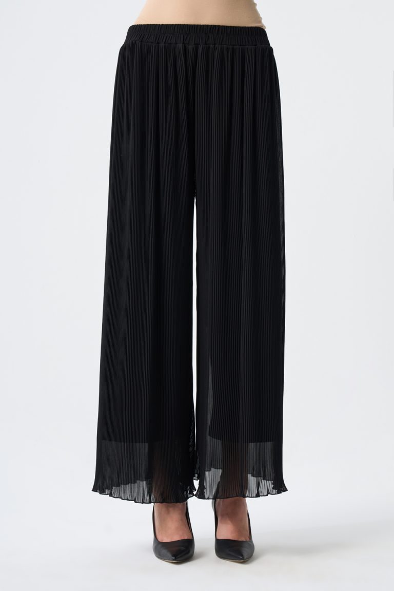 Mizalle İnce Piliseli Siyah Şifon Şık Pantolon - Mizalle
