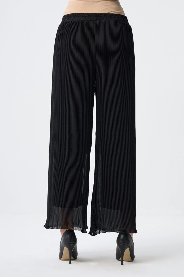 Mizalle İnce Piliseli Siyah Şifon Şık Pantolon - Mizalle