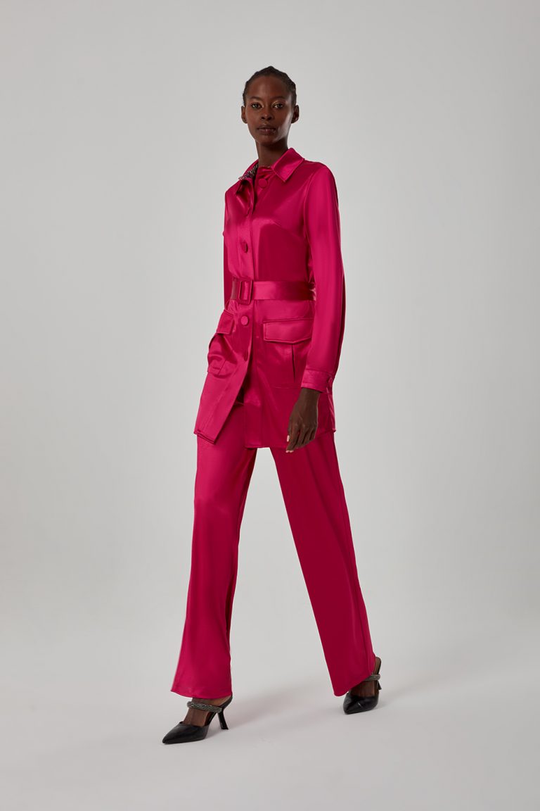 Mizalle Cepli ve Kemerli Fuşya Saten Tunik - Mizalle