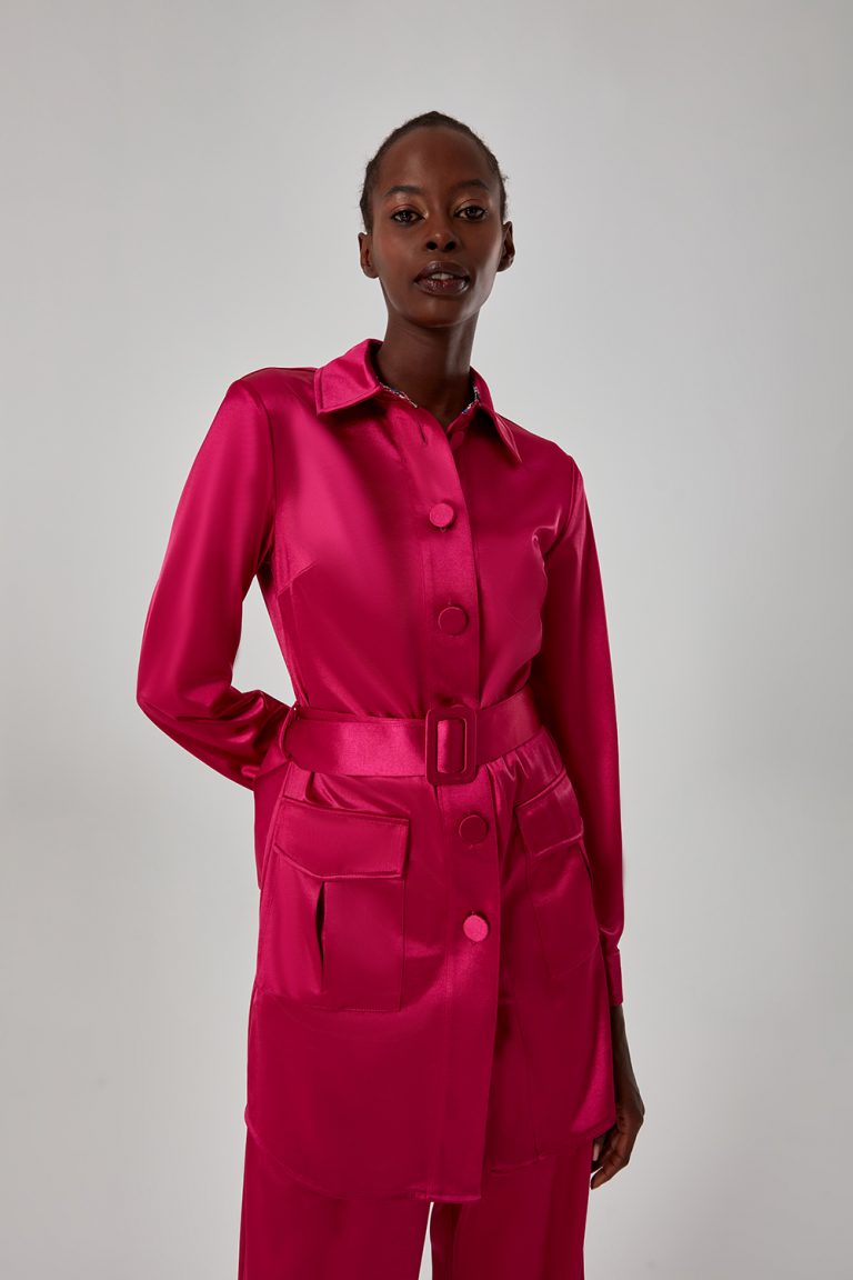 Mizalle Cepli ve Kemerli Fuşya Saten Tunik - Mizalle