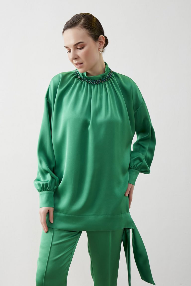 Mizallle Yeşil Saten Önü Dikiş Detaylı Klasik Pantolon - Mizalle