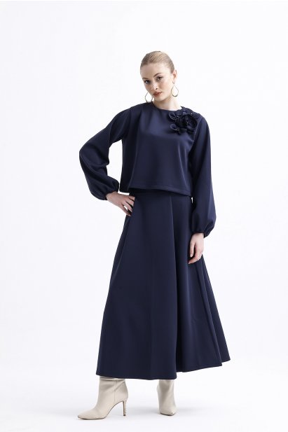 Mizalle Lacivert Volanlı Uzun Scuba Etek - Mizalle