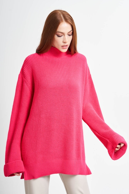 Mizalle - Mizalle Yüksek Yaka Oversize Fuşya Triko Kazak Mizalle - Mizalle Yüksek Yaka Oversize Fuşya Triko Kazak