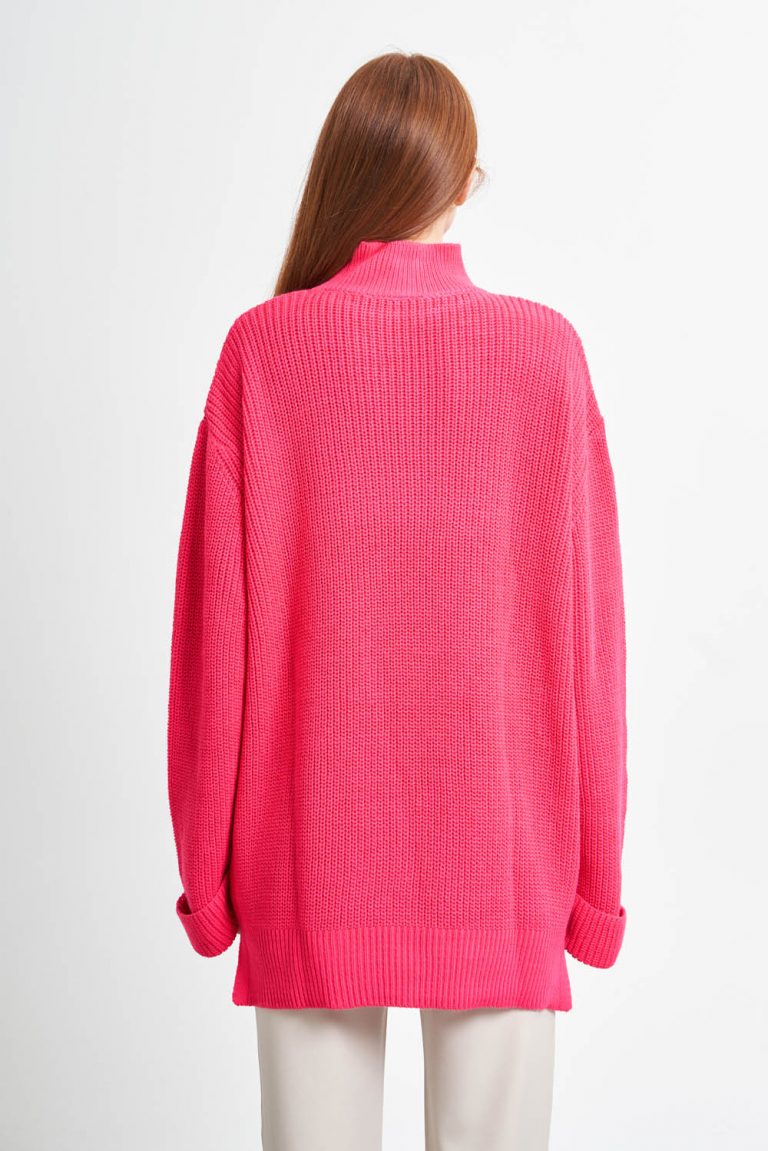 Mizalle Yüksek Yaka Oversize Fuşya Triko Kazak - Mizalle