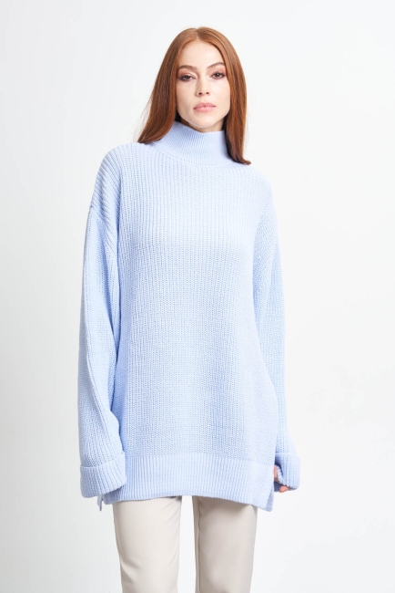 Mizalle - Mizalle Yüksek Yaka Oversize Açık Mavi Triko Kazak Mizalle - Mizalle Yüksek Yaka Oversize Açık Mavi Triko Kazak