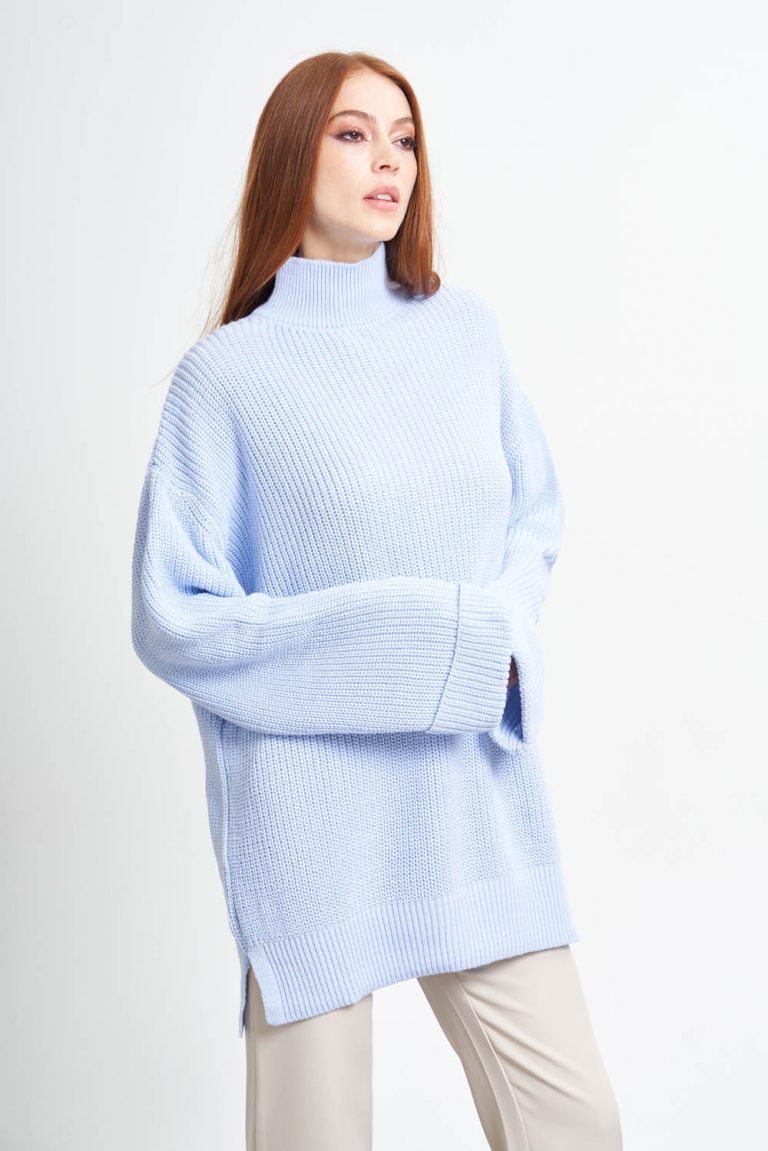 Mizalle Yüksek Yaka Oversize Açık Mavi Triko Kazak - Mizalle