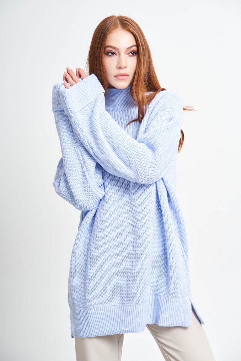 Mizalle Yüksek Yaka Oversize Açık Mavi Triko Kazak - Mizalle