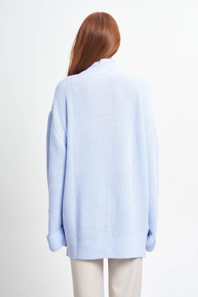 Mizalle Yüksek Yaka Oversize Açık Mavi Triko Kazak - Mizalle