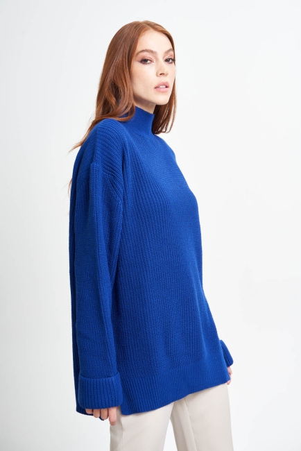 Mizalle - Mizalle Yüksek Yaka Oversize Saks Mavi Triko Kazak