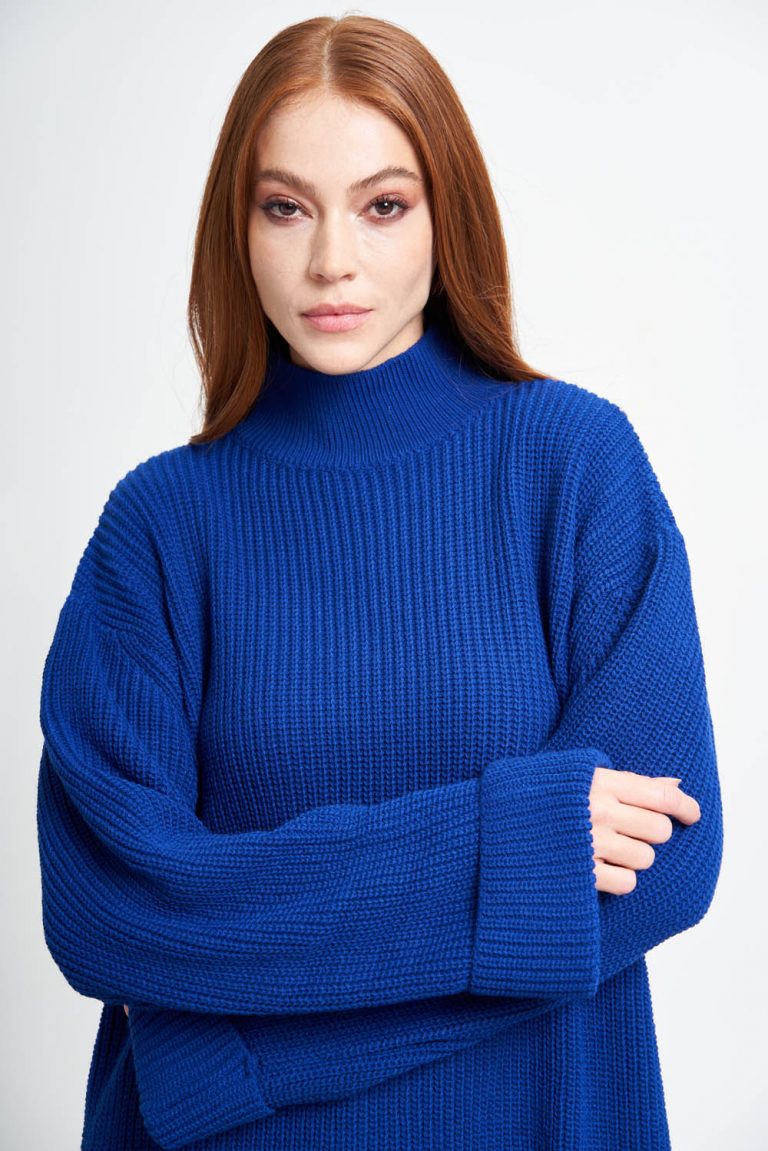 Mizalle Yüksek Yaka Oversize Saks Mavi Triko Kazak - Mizalle