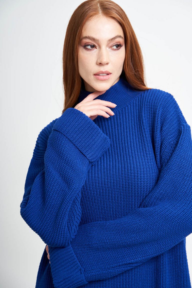 Mizalle Yüksek Yaka Oversize Saks Mavi Triko Kazak - Mizalle