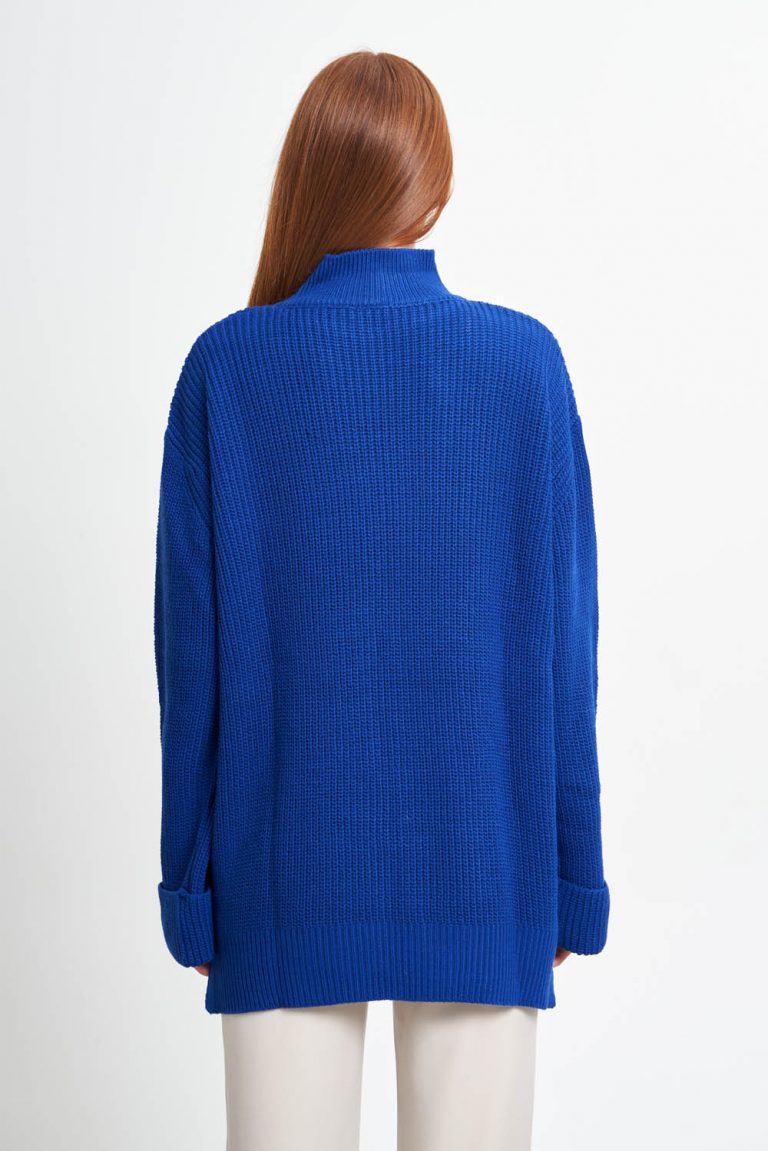 Mizalle Yüksek Yaka Oversize Saks Mavi Triko Kazak - Mizalle