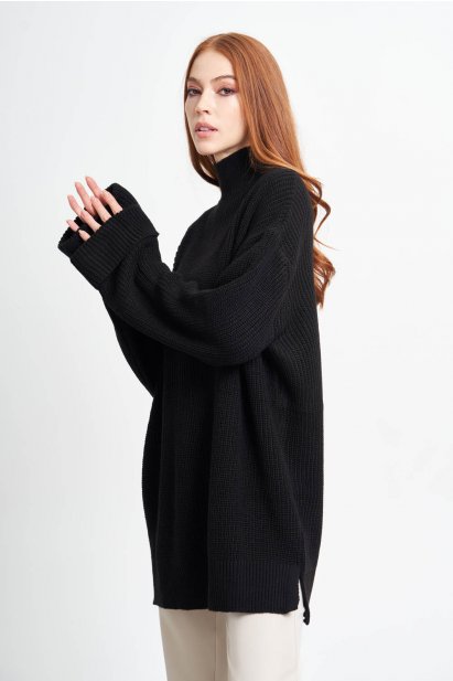 Mizalle Yüksek Yaka Oversize Siyah Triko Kazak - Mizalle
