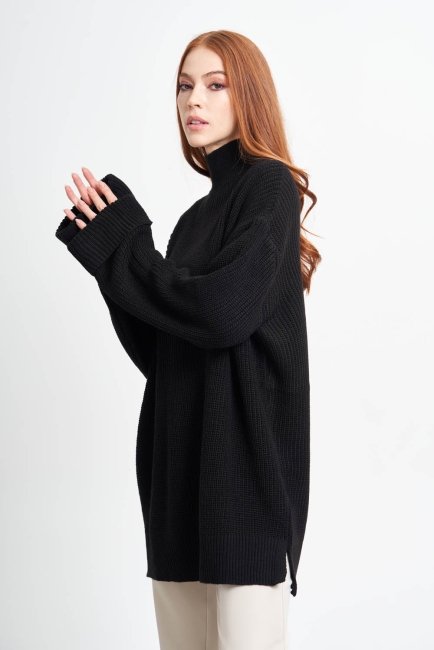 Mizalle - Mizalle Yüksek Yaka Oversize Siyah Triko Kazak Mizalle - Mizalle Yüksek Yaka Oversize Siyah Triko Kazak