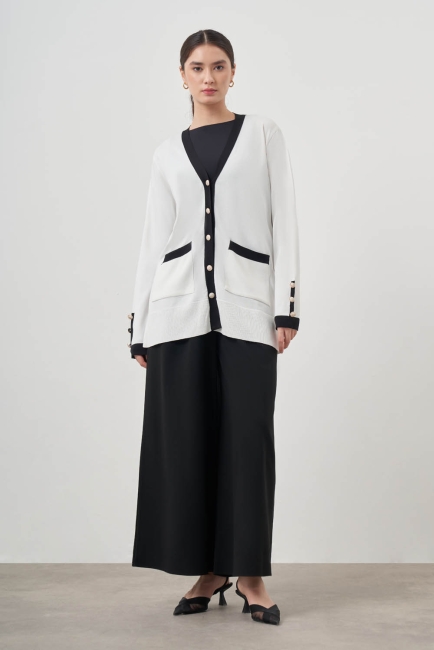 Mizalle - Mizalle Siyah renk Bloklu Cepli Ekru Rayon Uzun Hırka