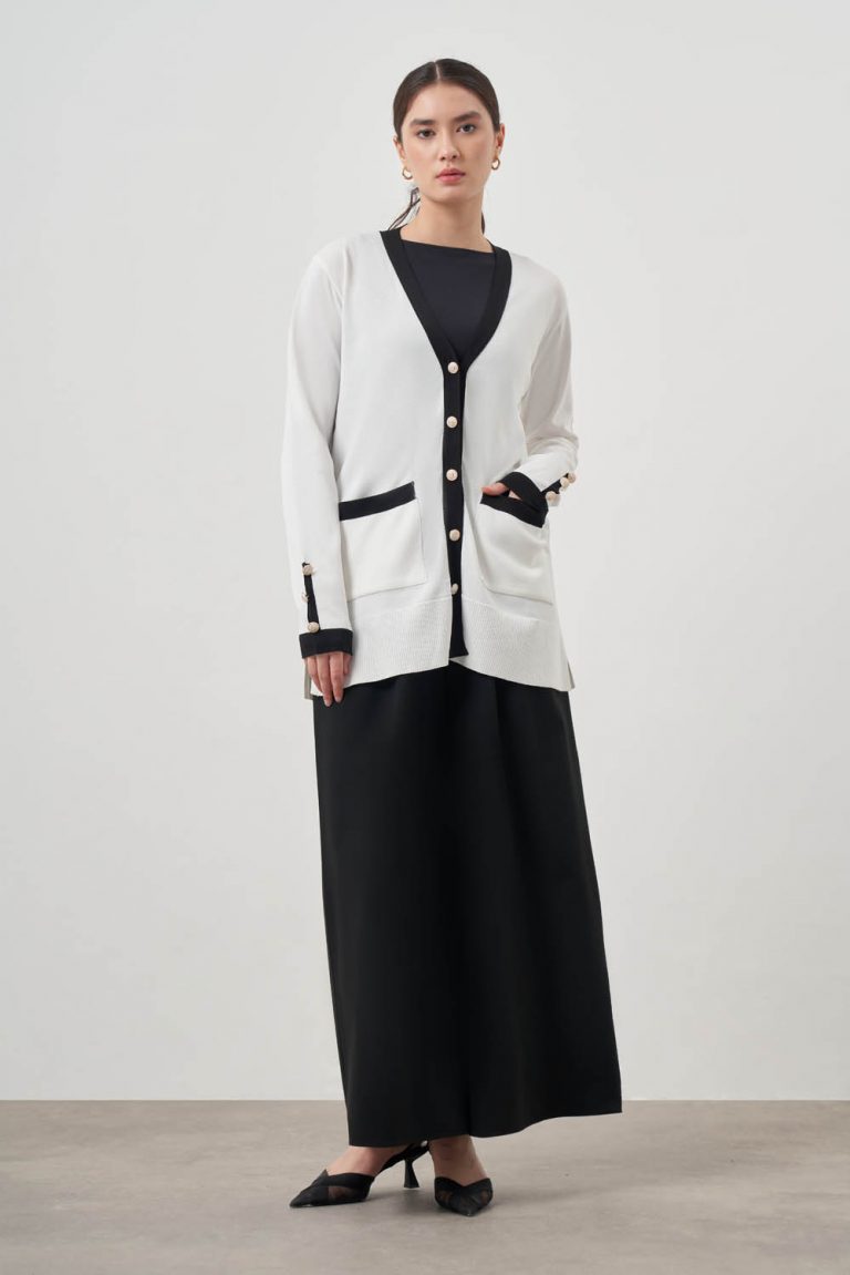 Mizalle Siyah renk Bloklu Cepli Ekru Rayon Uzun Hırka - Mizalle