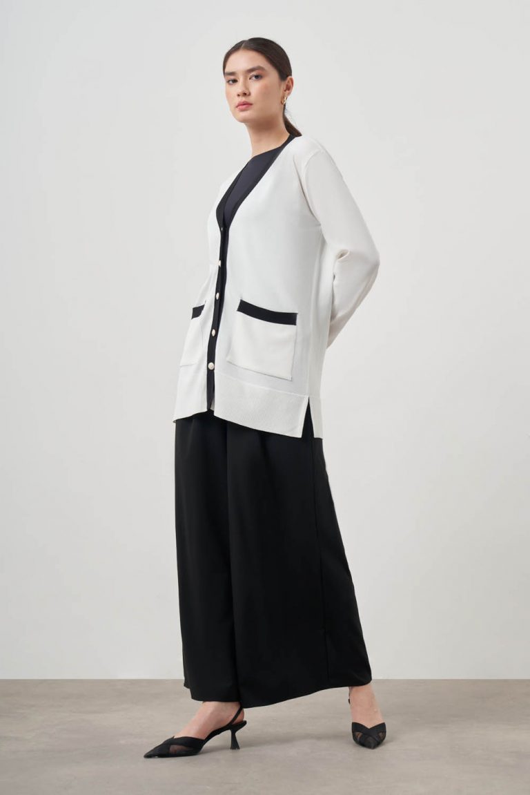 Mizalle Siyah renk Bloklu Cepli Ekru Rayon Uzun Hırka - Mizalle