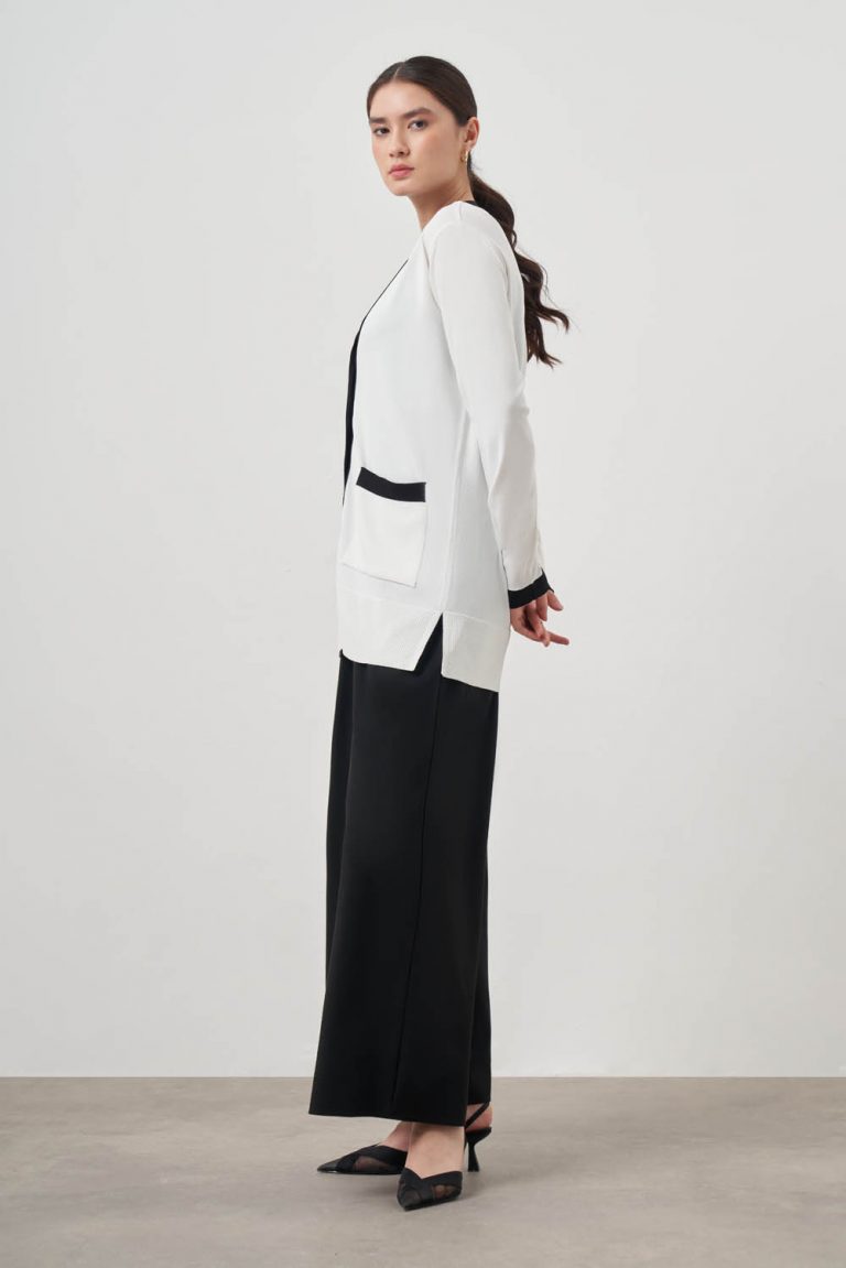 Mizalle Siyah renk Bloklu Cepli Ekru Rayon Uzun Hırka - Mizalle