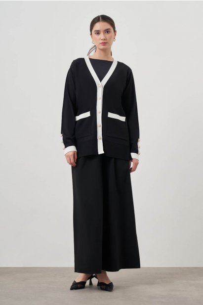 Mizalle Ekru renk Bloklu Cepli Siyah Rayon Uzun Hırka - Mizalle