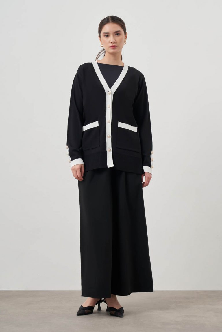 Mizalle Ekru renk Bloklu Cepli Siyah Rayon Uzun Hırka - Mizalle