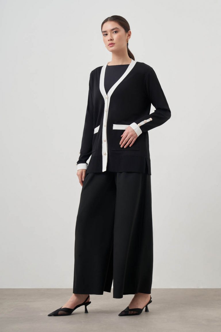 Mizalle Ekru renk Bloklu Cepli Siyah Rayon Uzun Hırka - Mizalle