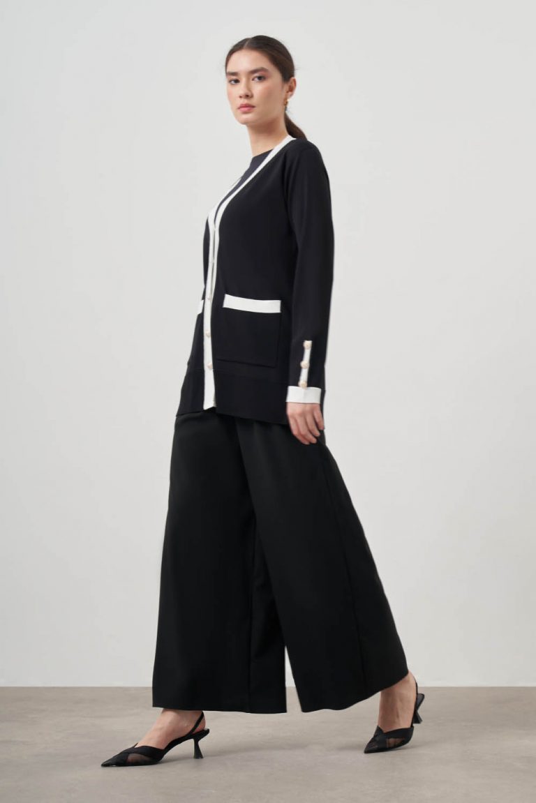 Mizalle Ekru renk Bloklu Cepli Siyah Rayon Uzun Hırka - Mizalle