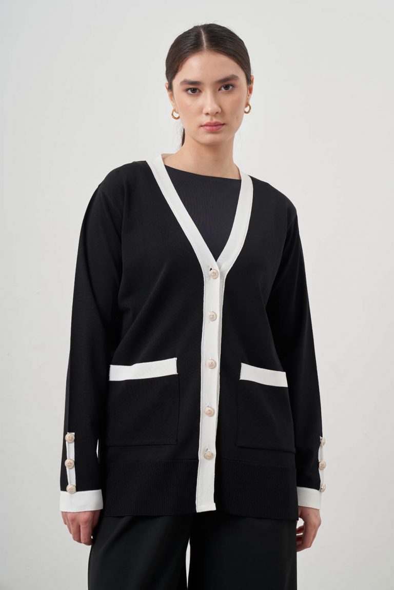 Mizalle Ekru renk Bloklu Cepli Siyah Rayon Uzun Hırka - Mizalle