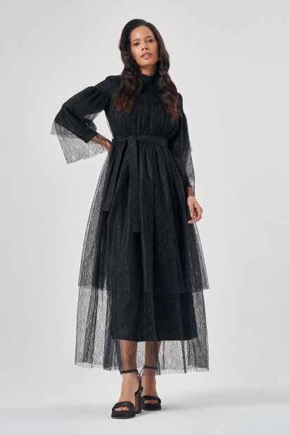 Mizalle Siyah Parlak Katlı Tül Uzun Abiye Elbise - Mizalle