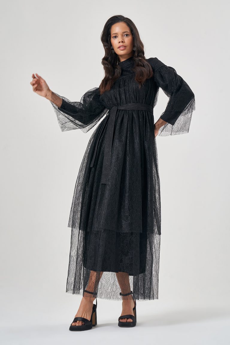 Mizalle Siyah Parlak Katlı Tül Uzun Abiye Elbise - Mizalle