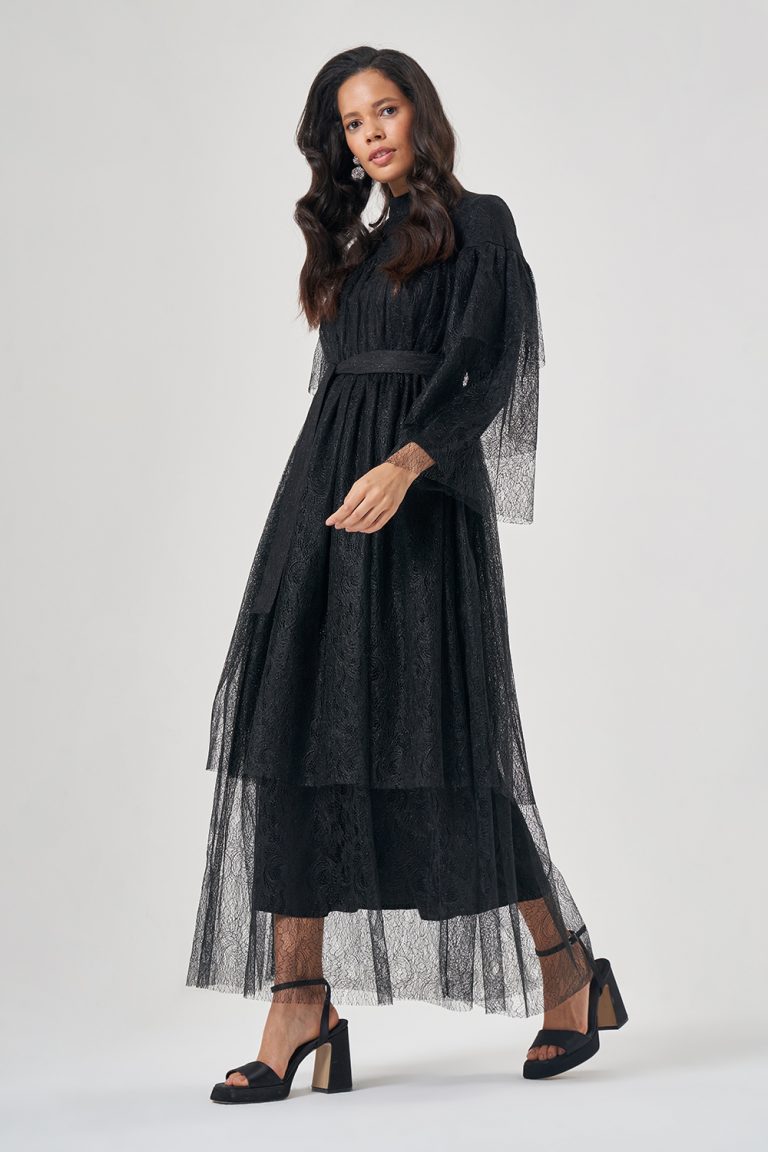 Mizalle Siyah Parlak Katlı Tül Uzun Abiye Elbise - Mizalle