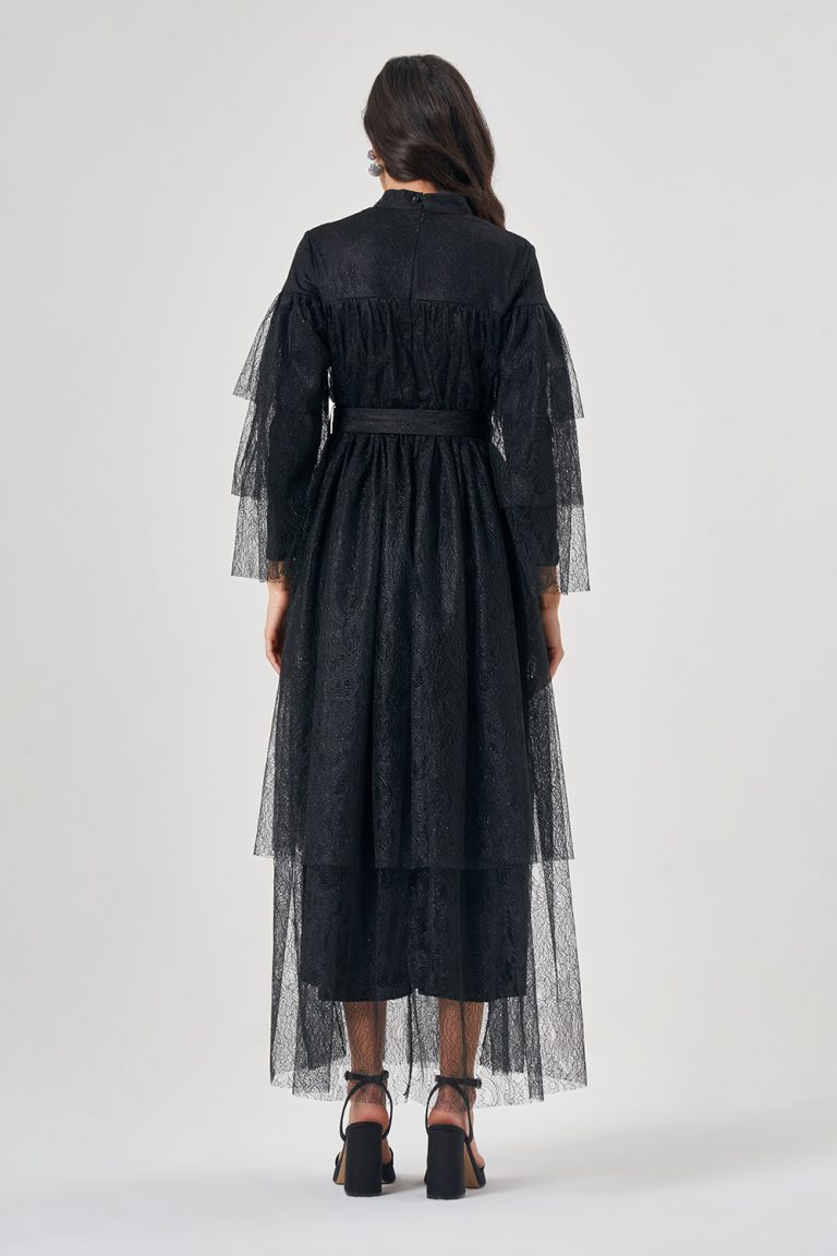 Mizalle Siyah Parlak Katlı Tül Uzun Abiye Elbise - Mizalle